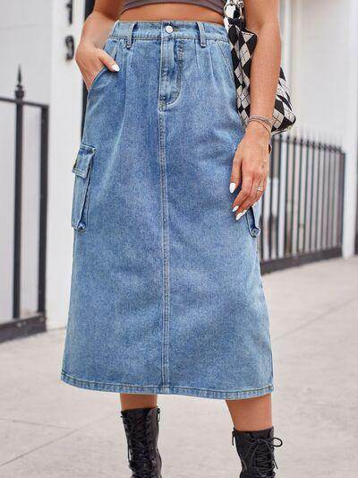 Slit Buttoned Denim Skirt with Pockets for Women - Selvanelle