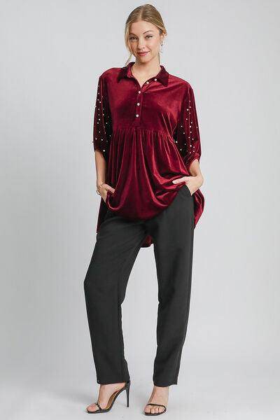 Umgee Pearl Detail Collared Neck Velvet Babydoll Blouse - Selvanelle