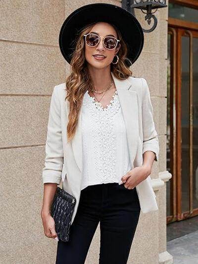 Lace Detail Eyelet V-Neck Flounce Sleeve Blouse for Women - Selvanelle