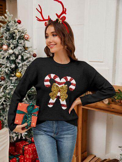 Sequin Candy Cane Round Neck Long Sleeve Sweater for Women - Selvanelle