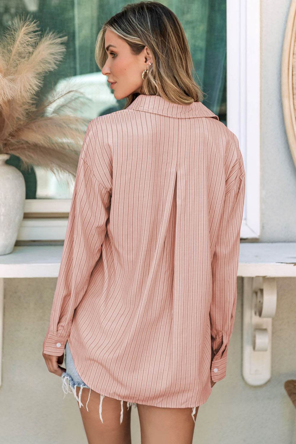 Striped Button Up Long Sleeve Shirt - Selvanelle
