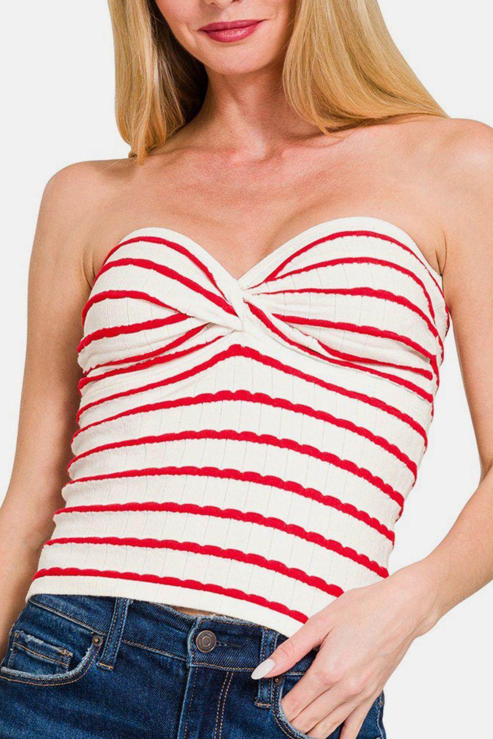 Zenana Twisted Sweetheart Neck Striped Tube Top for Women - Selvanelle