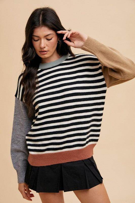 Annie Wear Striped Color Block Round Neck Sweater for Women - Selvanelle
