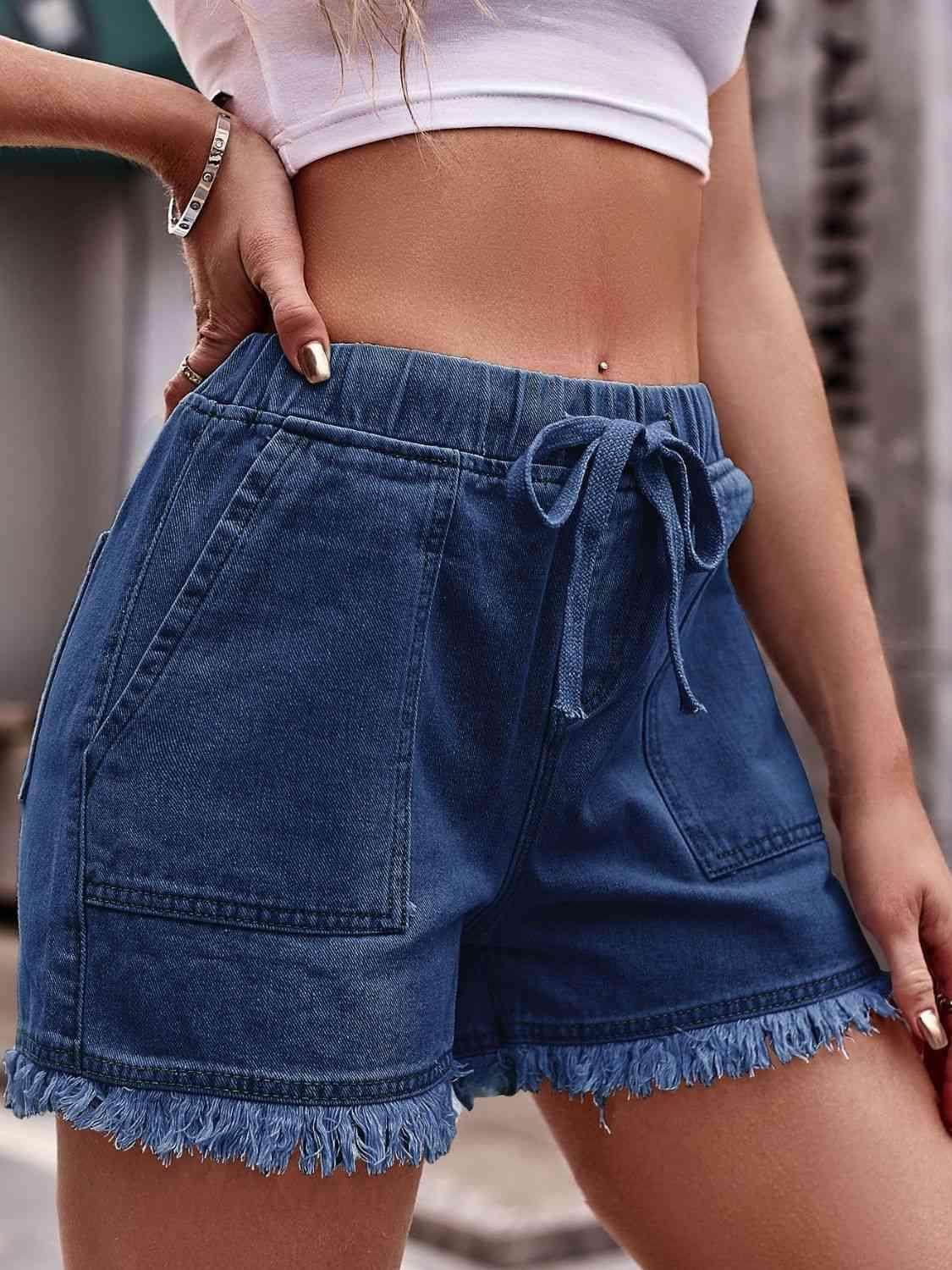 Drawstring Raw Hem Denim Shorts for Casual Chic Style - Selvanelle