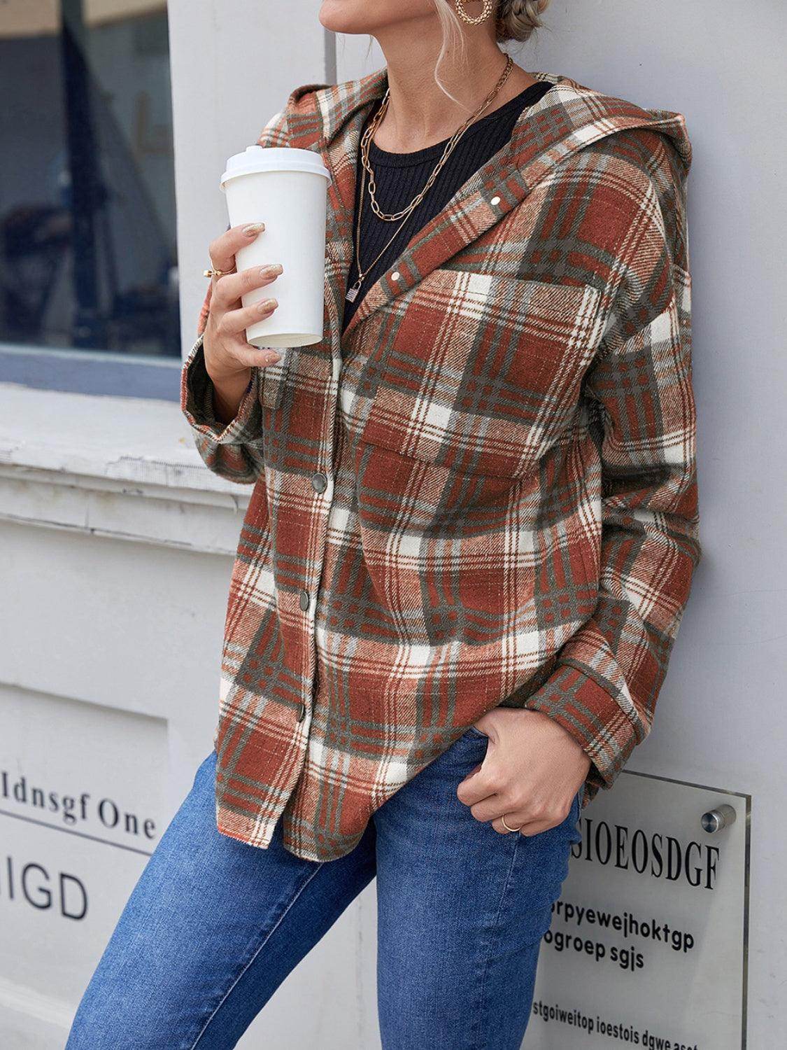 Ivy Lane Plaid Button Up Long Sleeve Hooded Jacket for Women - Selvanelle