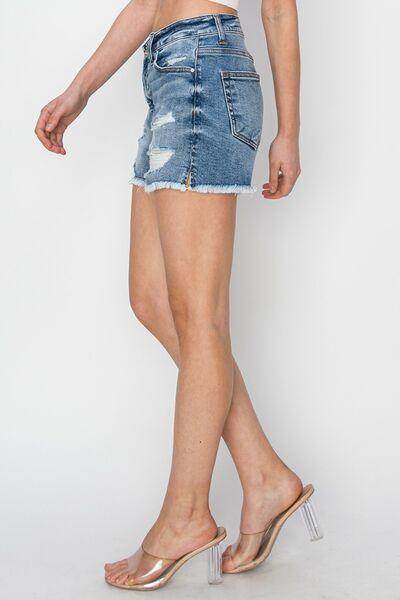 RISEN Stepped Waist Frayed Denim Shorts for Women - Selvanelle