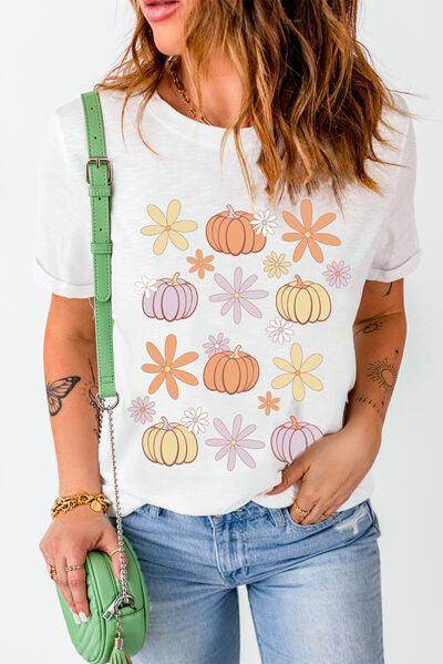 Pumpkin & Flower Round Neck Short Sleeve T-Shirt for Women - Selvanelle