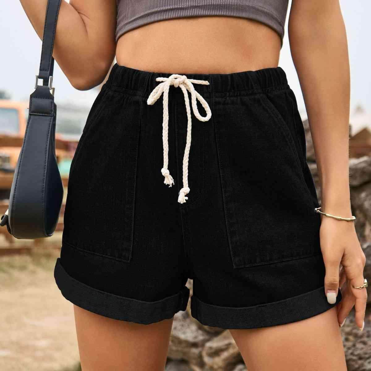 Drawstring High Waist Denim Shorts with Pockets for Women - Selvanelle