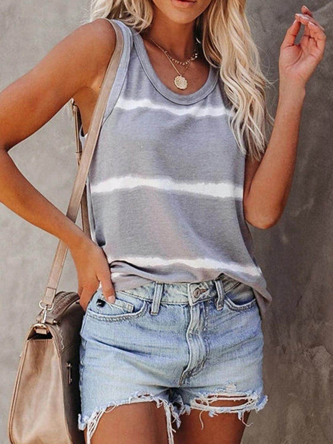 Full Size Tie-Dye Round Neck Tank for Women Casual Wear - Selvanelle