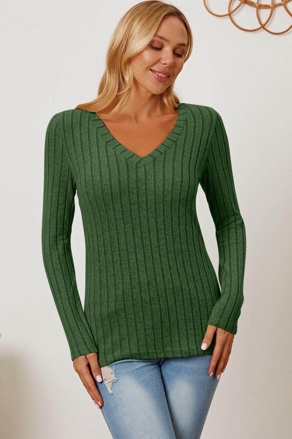 Basic Bae Full Size Ribbed V-Neck Long Sleeve T-Shirt - Selvanelle