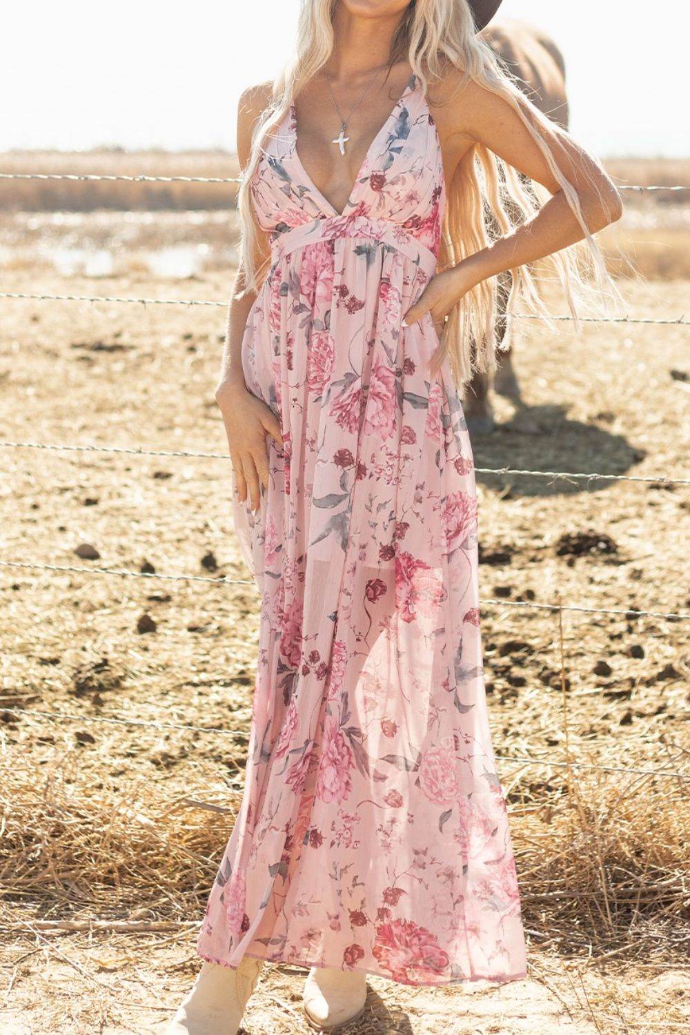 Floral Pleated Deep V Backless Maxi Dress - Selvanelle