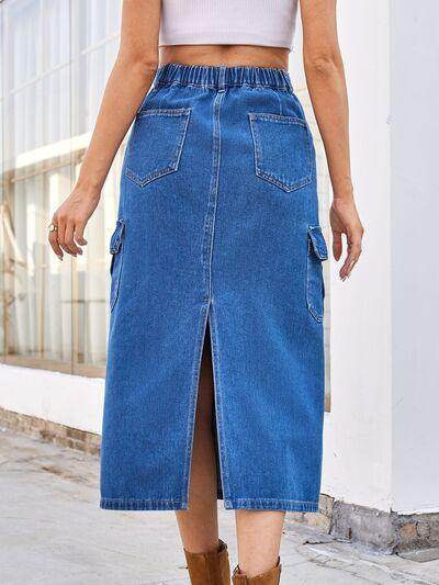 Slit Midi Denim Skirt with Pockets for Stylish Comfort - Selvanelle