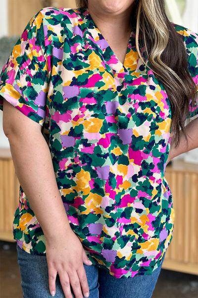 Double Take Full Size Printed V-Neck Short Sleeve Top - Selvanelle