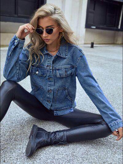 Pocketed Button Down Collared Neck Denim Top for Women - Selvanelle