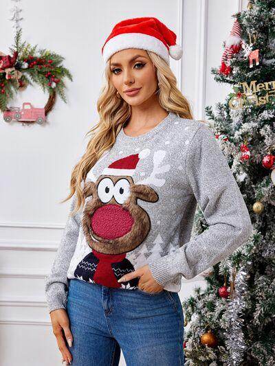 Reindeer Round Neck Long Sleeve Sweater for Women - Selvanelle