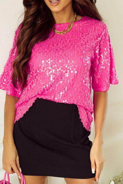 Sequin Round Neck Half Sleeve Blouse for Stylish Women - Selvanelle