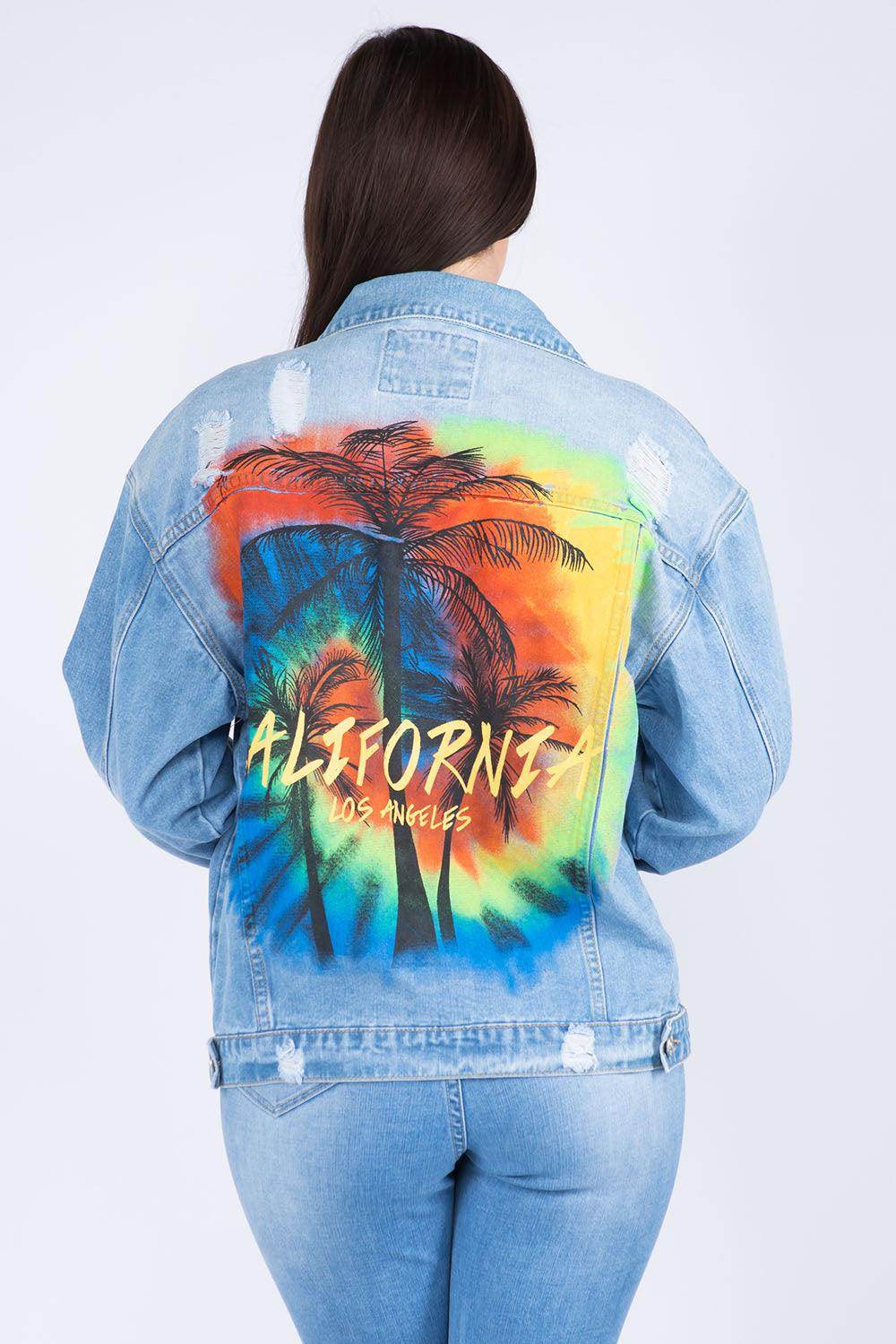 American Bazi Full Size Painted Back Distressed Denim Jacket - Selvanelle