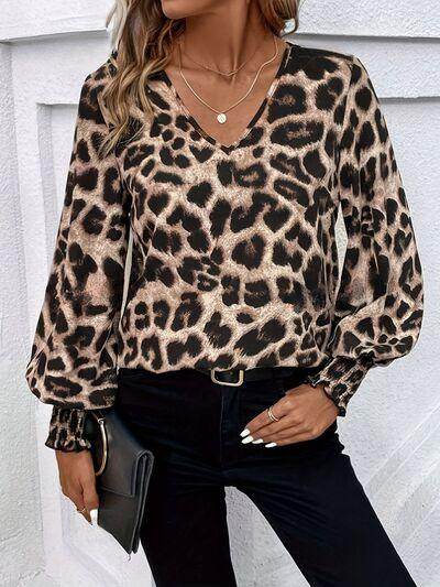 Leopard V-Neck Lantern Sleeve Blouse for Women Fashion - Selvanelle