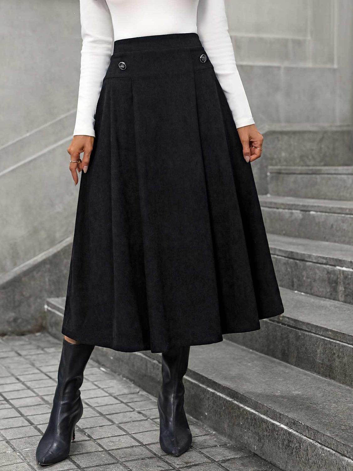 Decorative Button Ruched Midi Skirt for Stylish Outfits - Selvanelle