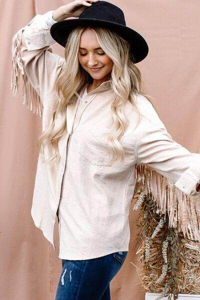 And The Why Full Size Fringe Back Detailed Button Down Shacket - Selvanelle