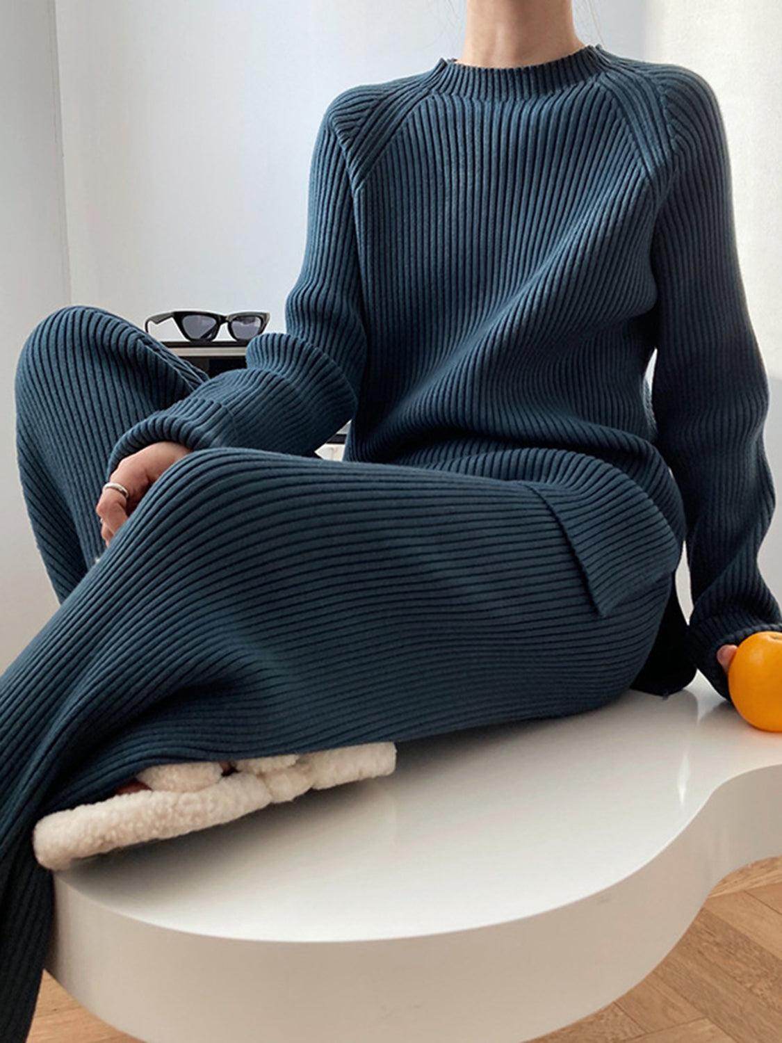 Mock Neck Raglan Sleeve Top and Pants Sweater Set for Women - Selvanelle