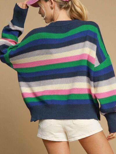 Contrast Striped Round Neck Long Sleeve Sweater for Women - Selvanelle