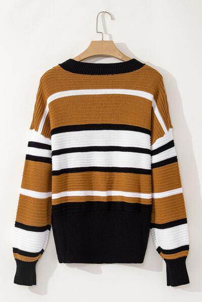 Contrast Stripes V Neck Long Sleeve Sweater for Women - Selvanelle
