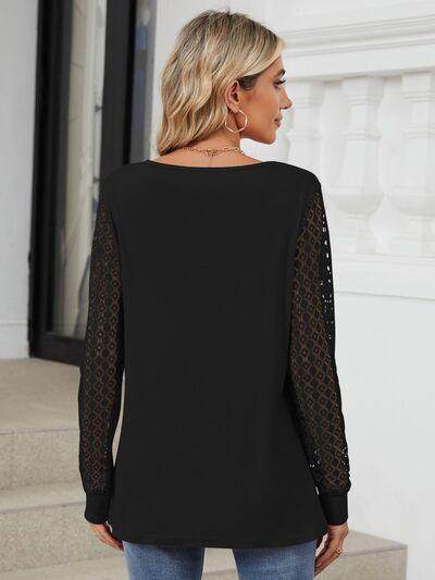 Cutout Round Neck Long Sleeve T-Shirt with Lace Detail - Selvanelle