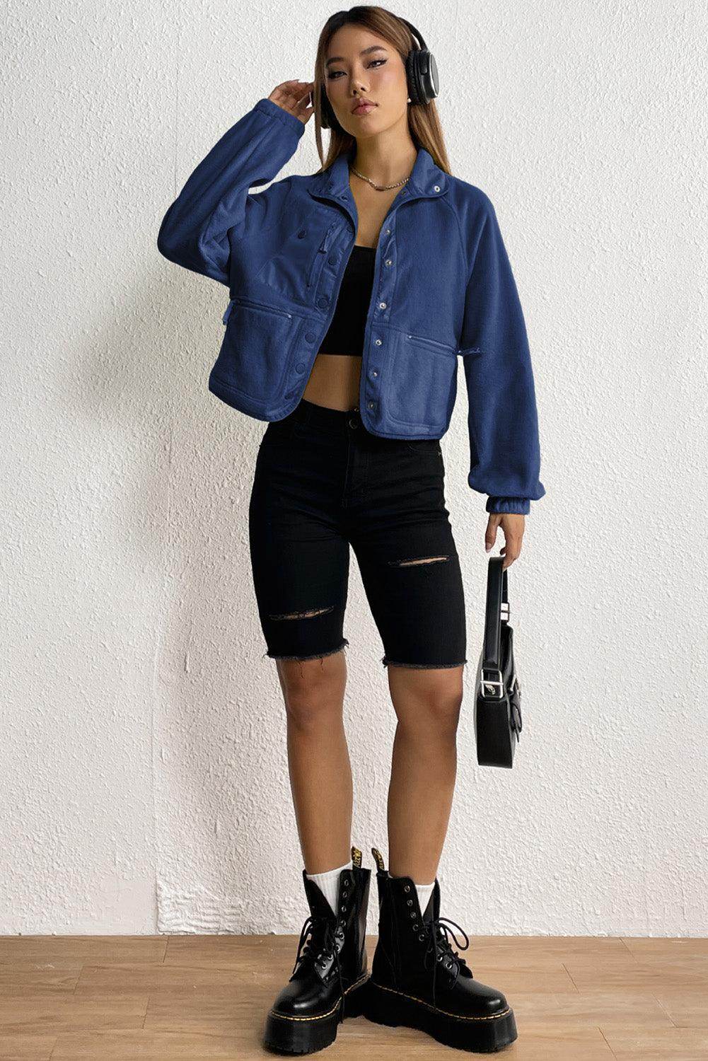 Snap Down Collared Jacket for Women with Pockets - Selvanelle