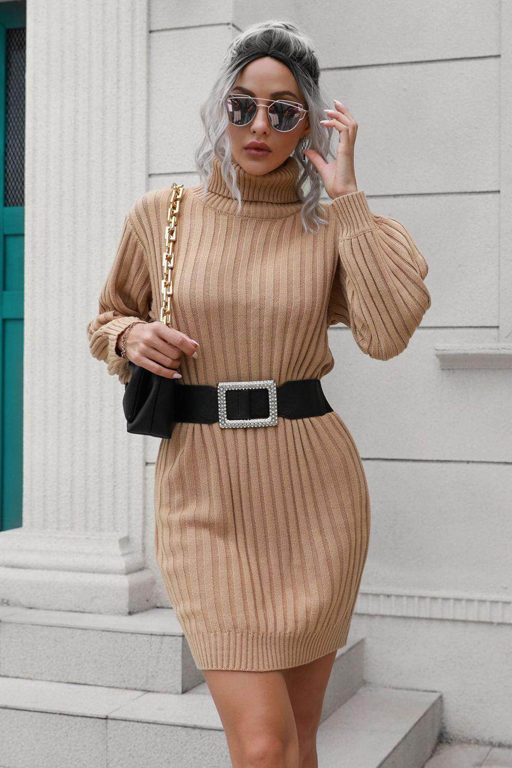 Ribbed Turtle Neck Long Sleeve Mini Sweater Dress for Women - Selvanelle