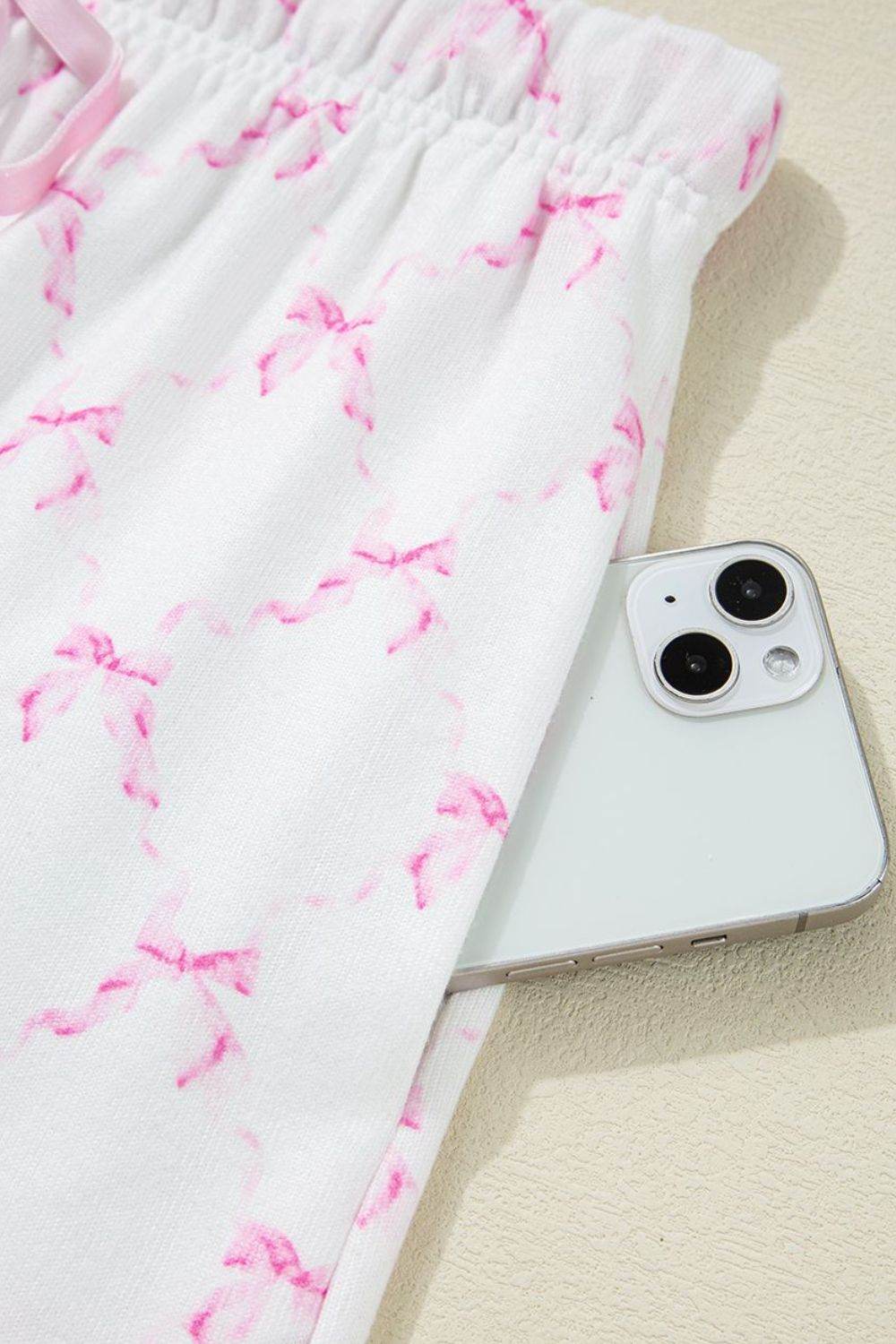 Bow Print Lettuce Trim Round Neck Top and Shorts Lounge Set - Selvanelle