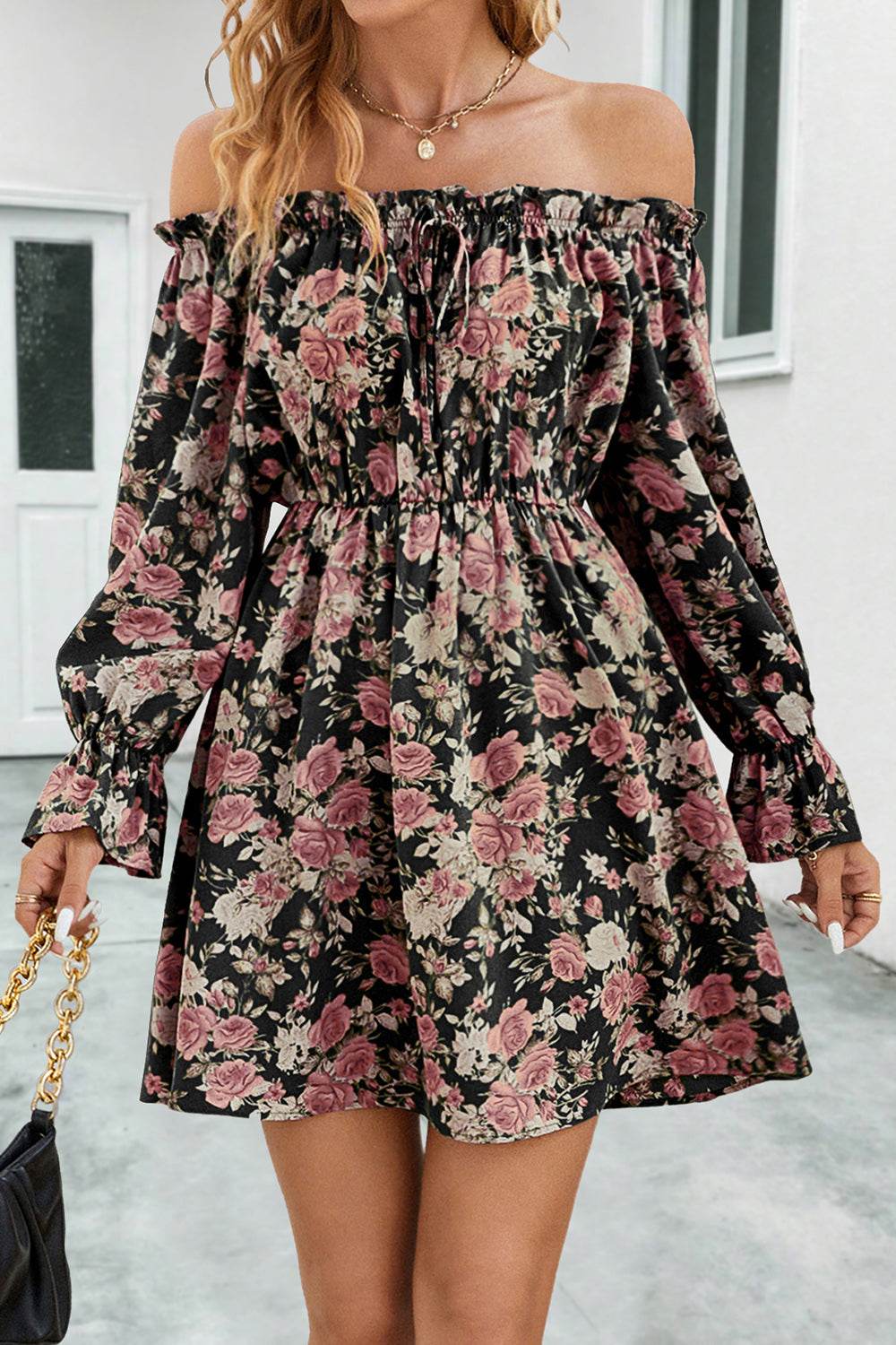 Floral Off-Shoulder Flounce Sleeve Dress - Selvanelle
