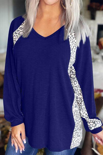 Full Size Leopard V-Neck Long Sleeve T-Shirt for Women - Selvanelle