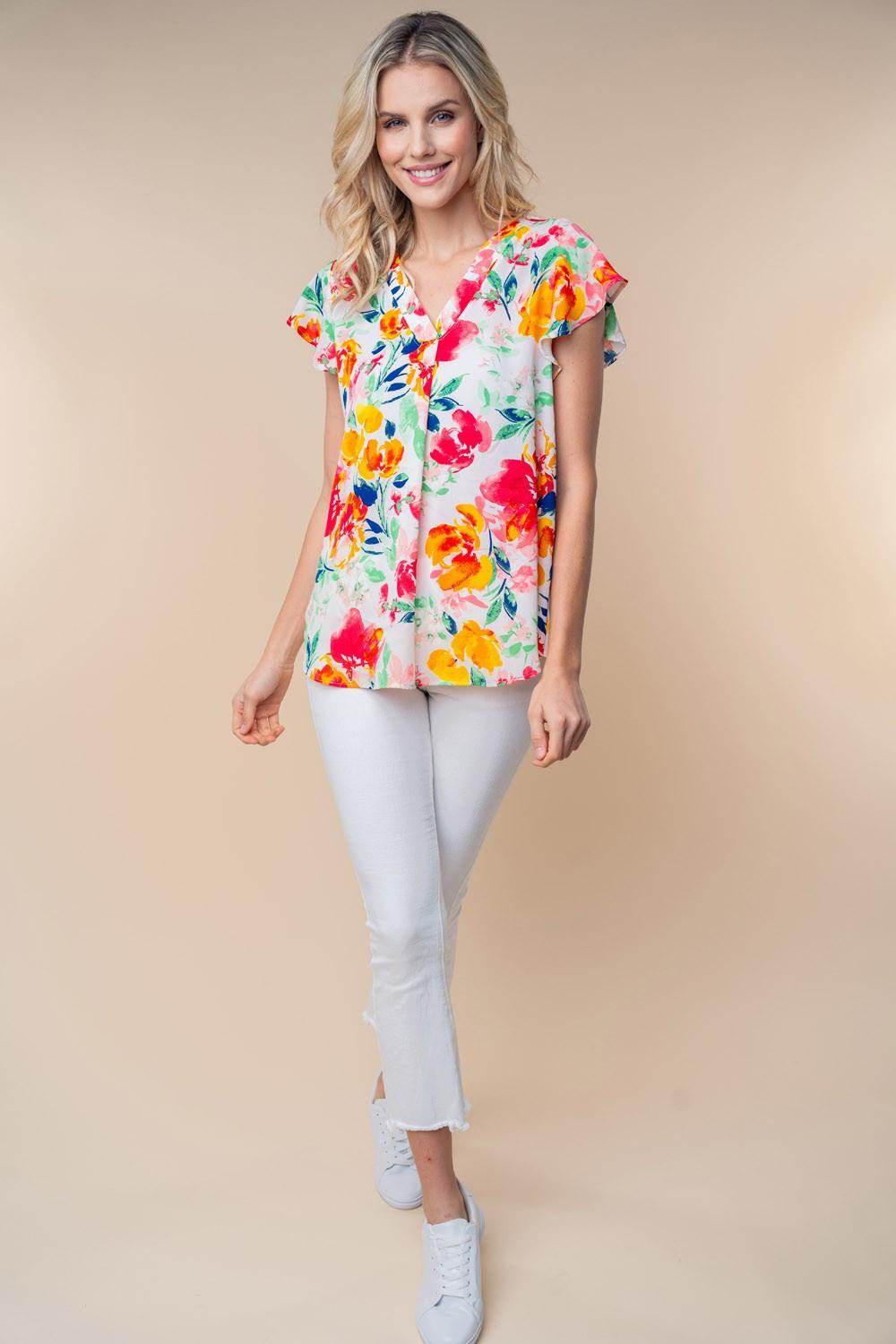 White Birch Full Size Short Sleeve Floral Woven Top for Women - Selvanelle
