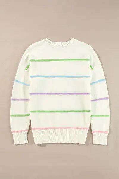 Contrast Striped Half Button Round Neck Sweater for Women - Selvanelle