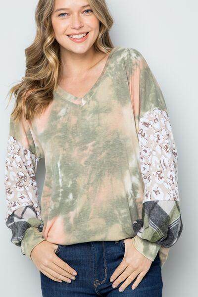 Celeste Full Size Tie-Dye V-Neck Printed Sleeve Blouse - Selvanelle
