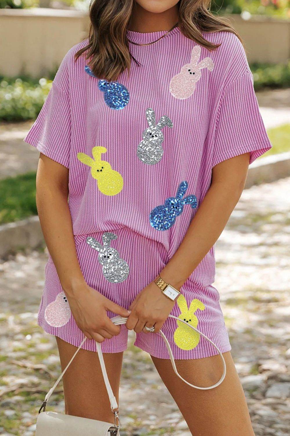 Ribbed Sequined Easter Bunny T-Shirt and Shorts Set - Selvanelle