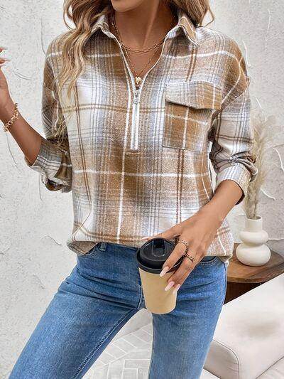 Plaid Collared Neck Half Zip Long Sleeve Top for Women - Selvanelle