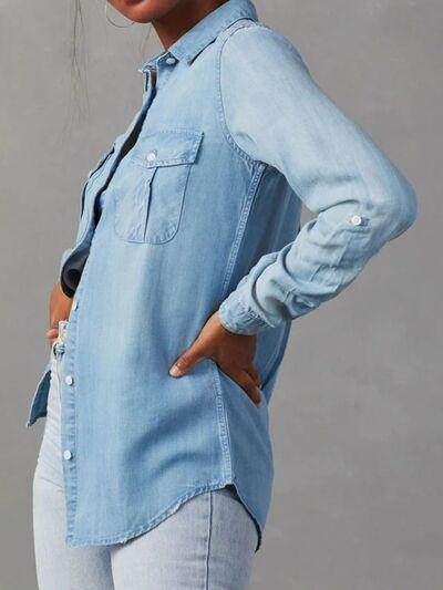 Collared Neck Roll-Tab Sleeve Denim Top for Women - Selvanelle