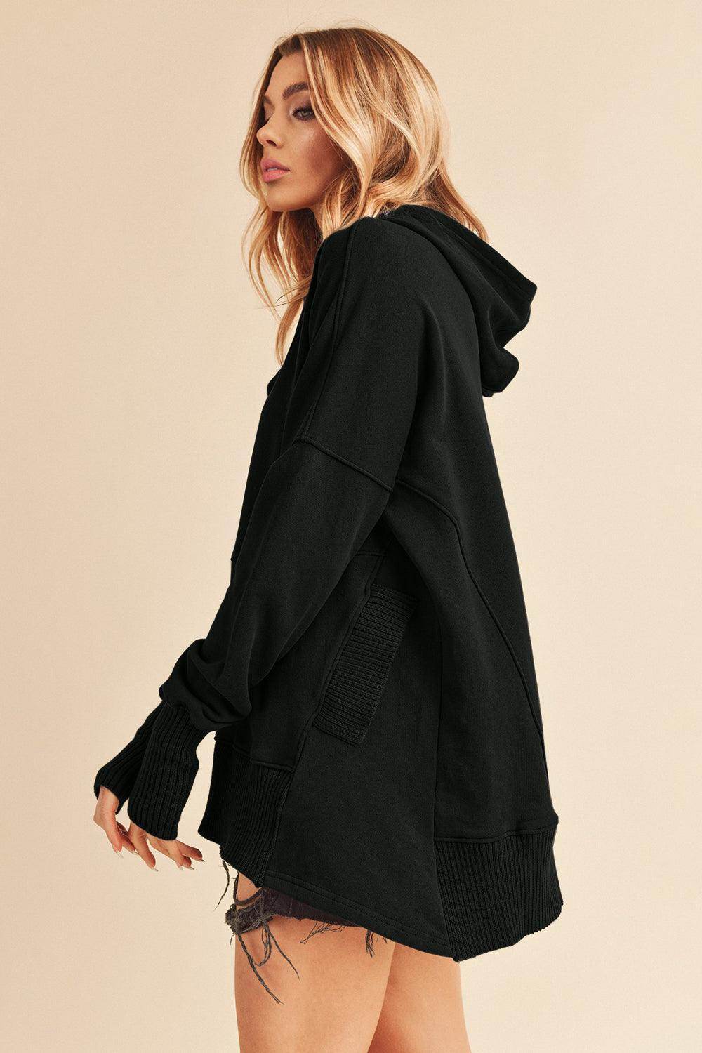 Aemi+Co Half Snap Dropped Shoulder Hoodie for Casual Style - Selvanelle