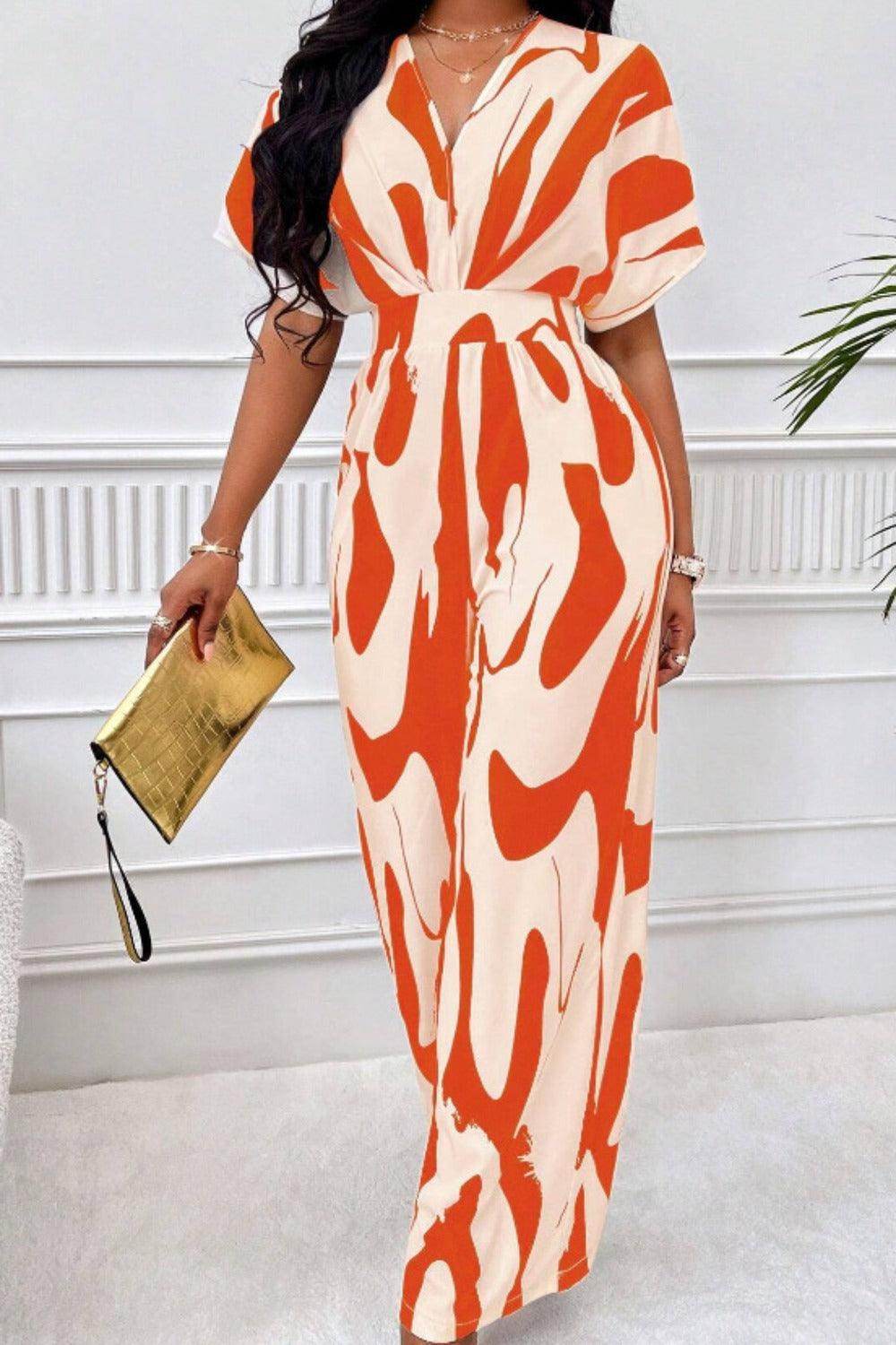 Printed V-Neck Short Sleeve Wide Leg Jumpsuit for Women - Selvanelle