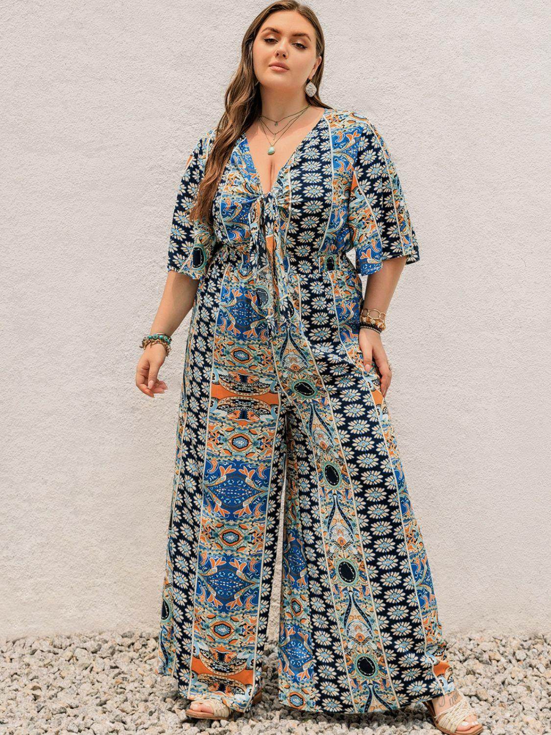 Plus Size Printed Half Sleeve Wide Leg Jumpsuit for Women - Selvanelle