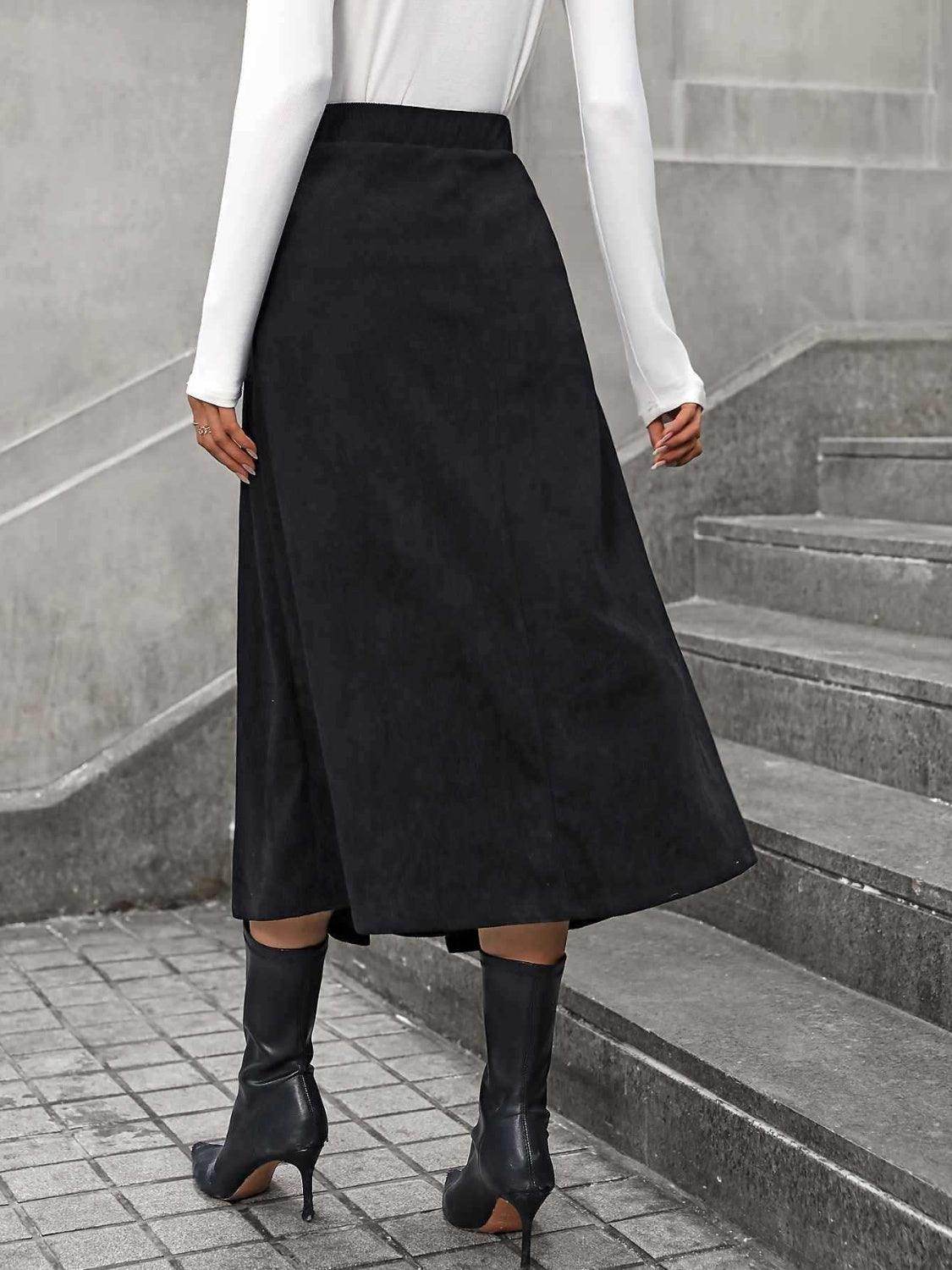 Decorative Button Ruched Midi Skirt for Stylish Outfits - Selvanelle