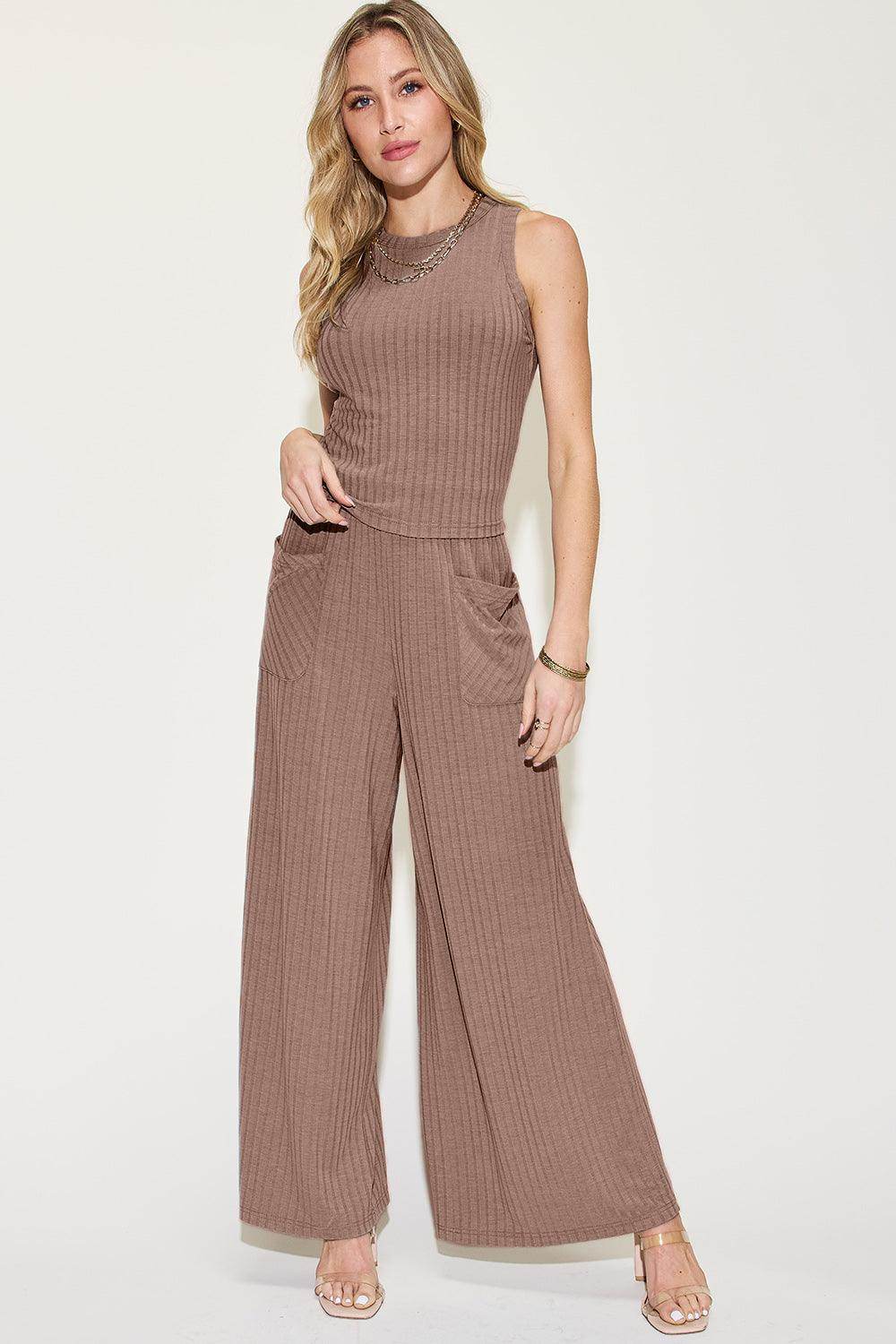 Basic Bae Full Size Ribbed Tank and Wide Leg Pants Set - Selvanelle