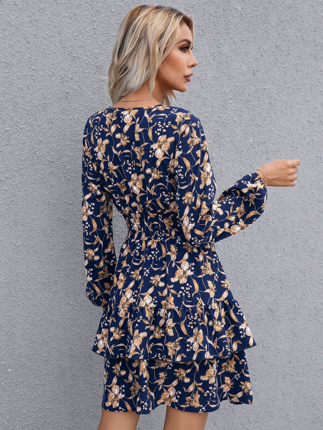 Ivy Lane Floral Layered Surplice Balloon Sleeve Dress - Selvanelle