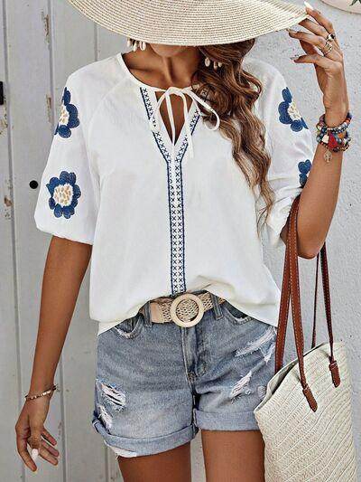 Embroidered Tie Neck Puff Sleeve Blouse for Women Stylish - Selvanelle
