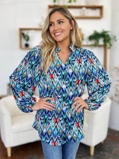 Double Take Full Size Printed Balloon Sleeve Blouse for Women - Selvanelle