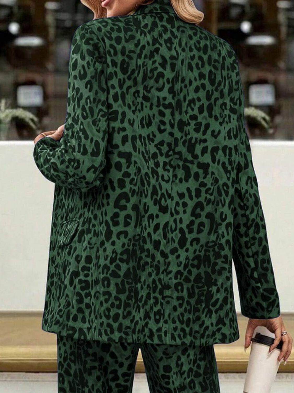 Full Size Leopard Lapel Collar Blazer and Pants Set - Selvanelle
