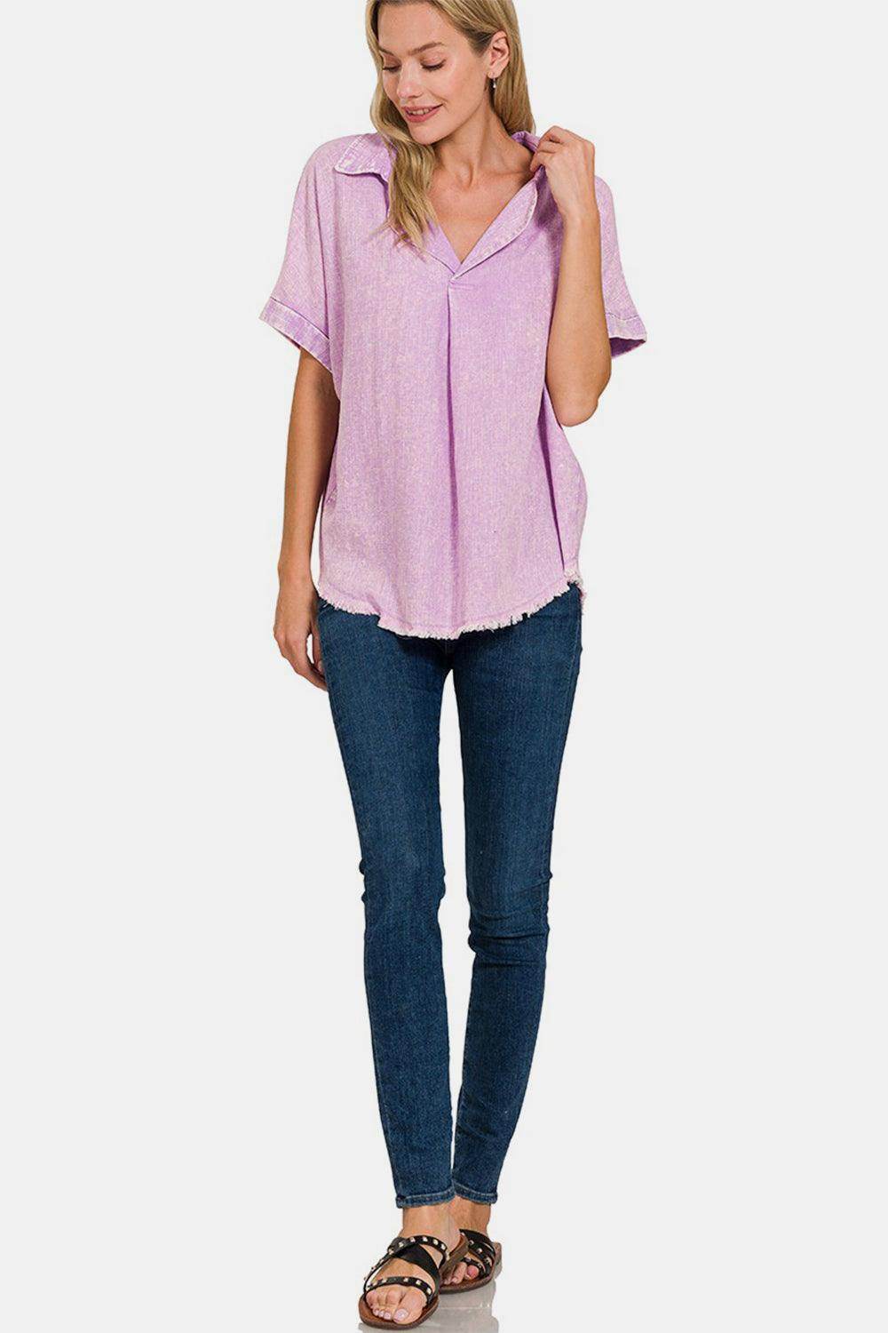 Zenana Washed Linen Raw Hem V-Neck Shirt for Casual Style - Selvanelle