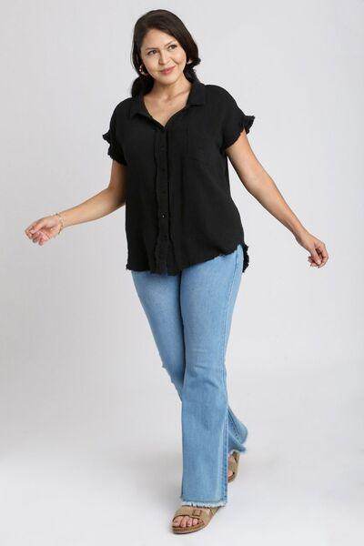 Umgee Full Size Frayed Hem Collared Neck Shirt Plus Size - Selvanelle